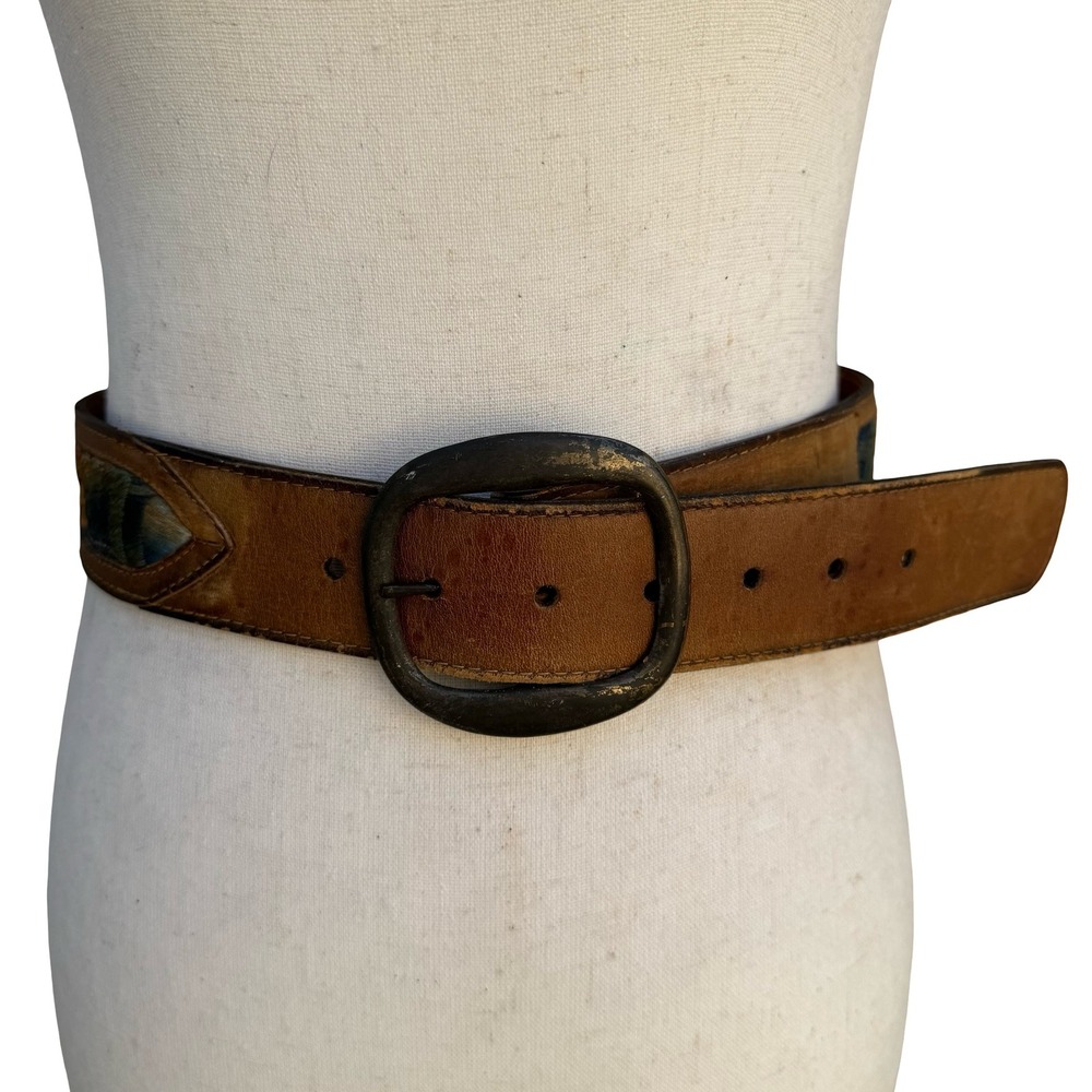 Swank Vintage Brown Leather Hand Embroidered Denim Belt Haiti Boho Western 30-32